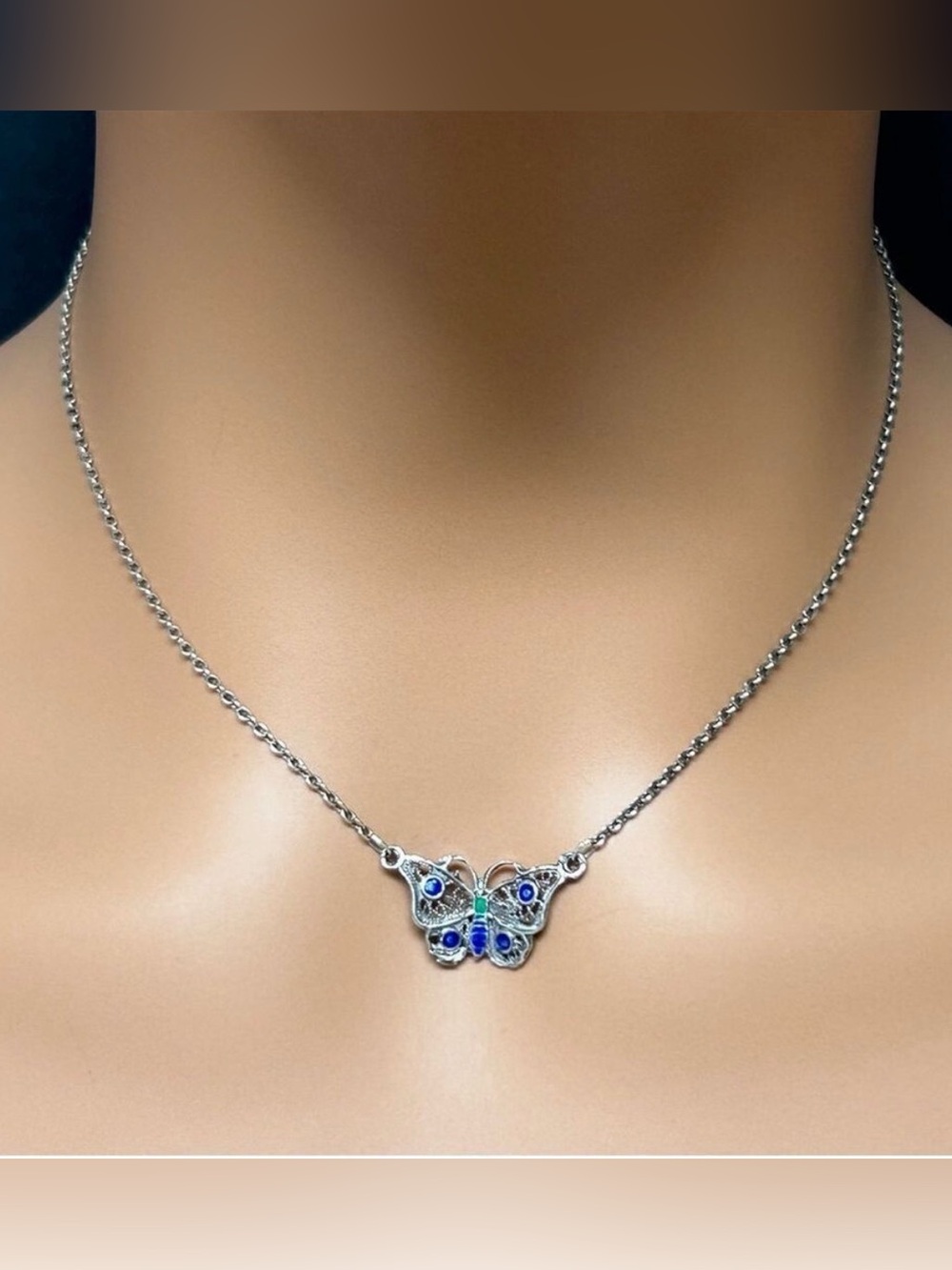 Delicate Silver Blue Enameled Butterfly Pendant Necklace*